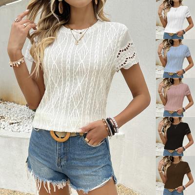 Ladies Summer Lacework Short Sleeve O Neck Solid Color Pullover Knitted Hollow T Shirt Top