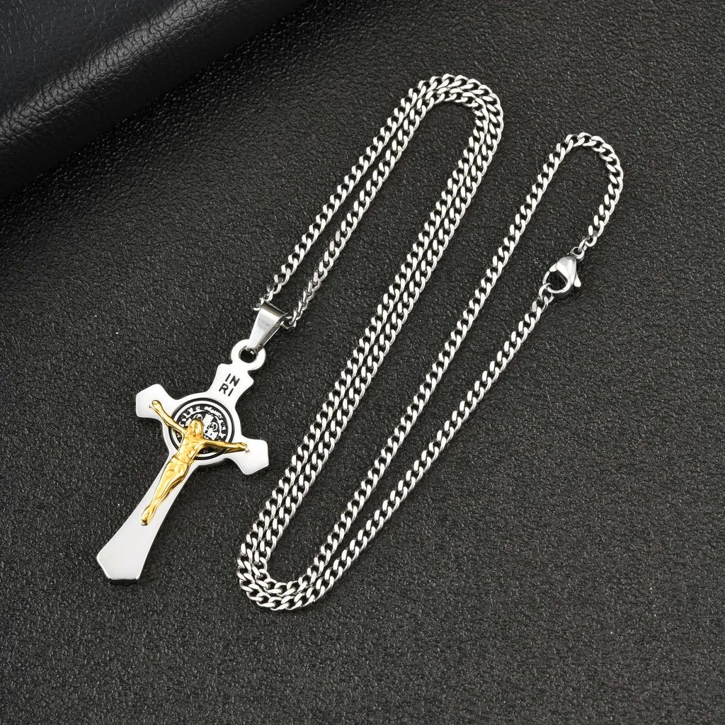 Vnox Saint Benedict Catholic Cross Pendant Necklace for Men Women, 50/60/70cm Stainless Steel Link Chain, Religious Jewelry Gift