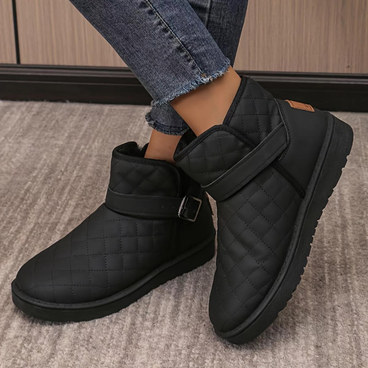 

Женские зимние сноубутсы на флисовой подкладке с металлическими пряжками, толстой подошвой, противоскользящие, с круглым носком, элегантные ботинки для хайкинга, повседневная носка, обувь для холодной погоды 37