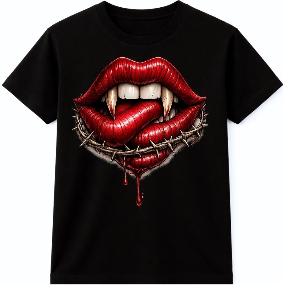 Vampir Lippen T-Shirt Gothic Reißzähne Horror Blut Tattoo Stil Halloween Tee