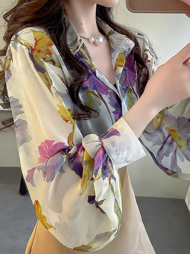 

Модная шифоновая рубашка с длинным рукавом и цветочным принтом в корейском стиле, женская свободная блузка с рукавами-фонариками, солнцезащитный крем, элегантный повседневный простой тонкий топ с лацканами 3601 M
