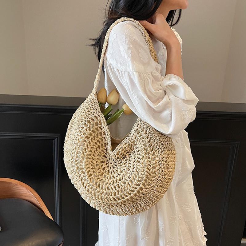 Yogodlns Borsa a Spalla Intrecciata in Paglia Oversize da Donna Casual Grande Capacità Mezzaluna Borsa a Mano Vacanza Estiva Leggera Borsa da Spiaggia Intrecciata a Mano