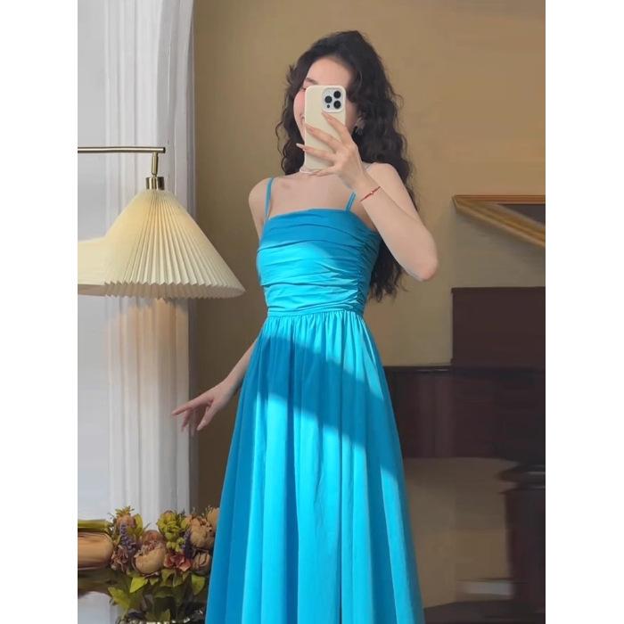 

Yunnan Dali travel wear dress women Sanya vacation photo beach dress Hainan French suspender long dress fairy S синий