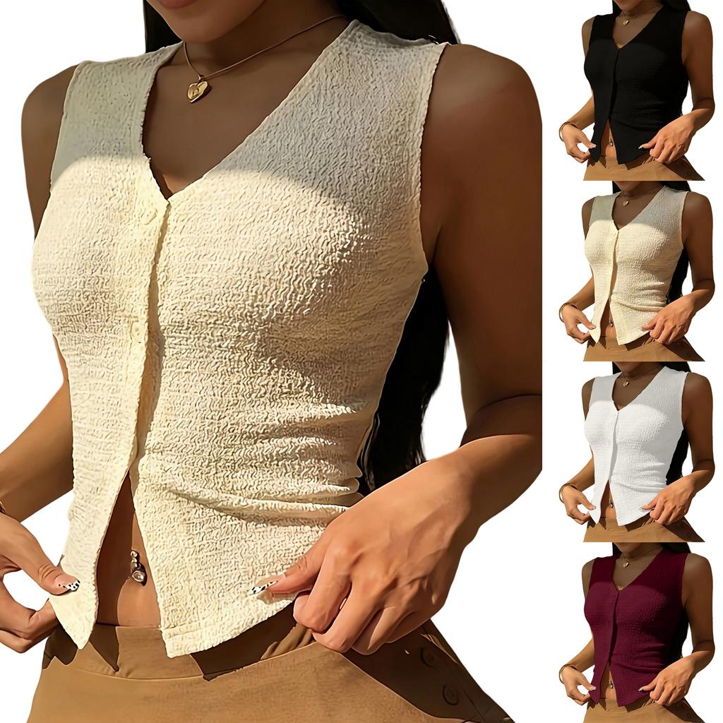 Women's Color V-neck Sleeveless Vest Top Button Inch Shirt