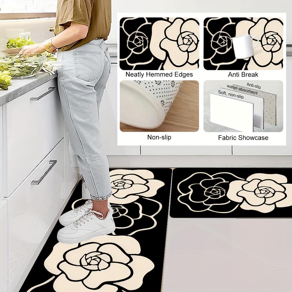 1Pcs Anti Fatigue Kitchen Rugs, Minimalist Camellia Print Waterproof Non-Slip Thick Cushioned Kitchen Mat Heavy Duty Comfort Standing Mat for Kitchen