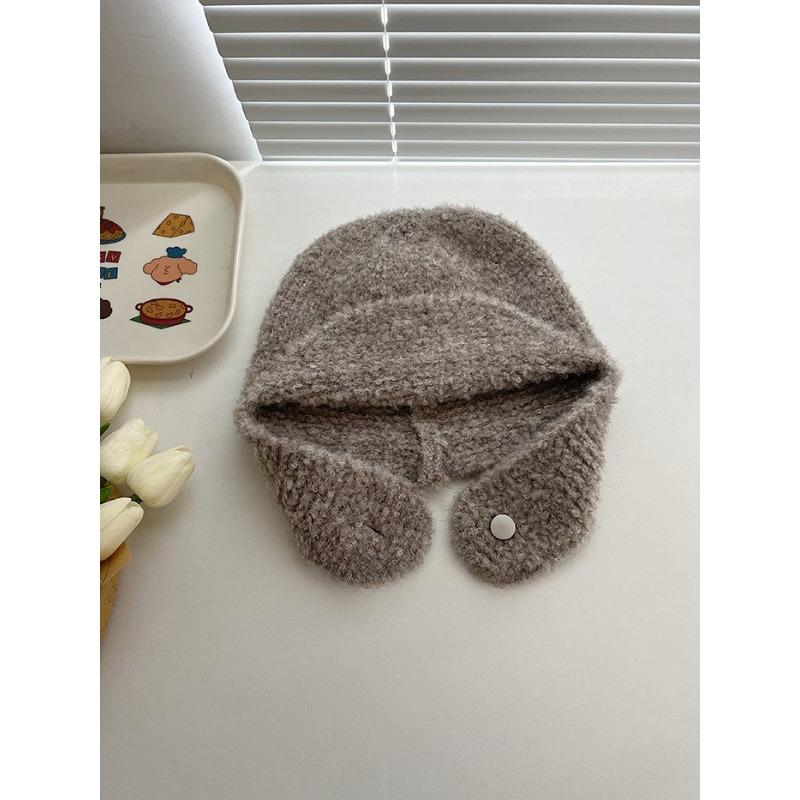Knitted Looped Wool Cute Flying Hat for Women Winter White Ear Protection Warm Wool Lei Feng Hat