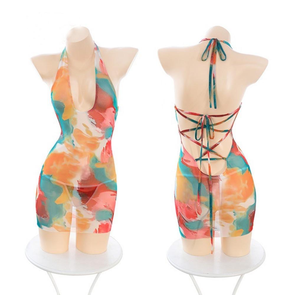 Domira Deep U Dew Groove Smudge Print Hip Skirt Erotic Lingerie Summer Sexy Bare Back Dress F775