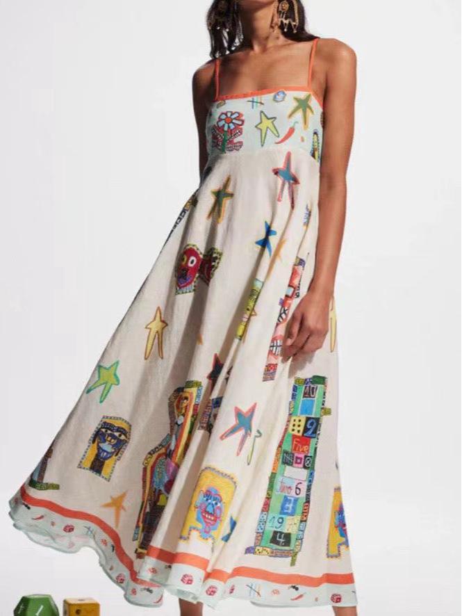 2026 Sexy European-American Style Graffiti Print Spaghetti Strap Wide Hem Dress