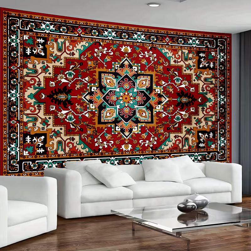 2D Ethnic Mandala Tapestry, Retro Red Teal Boho Wall Decor for Home