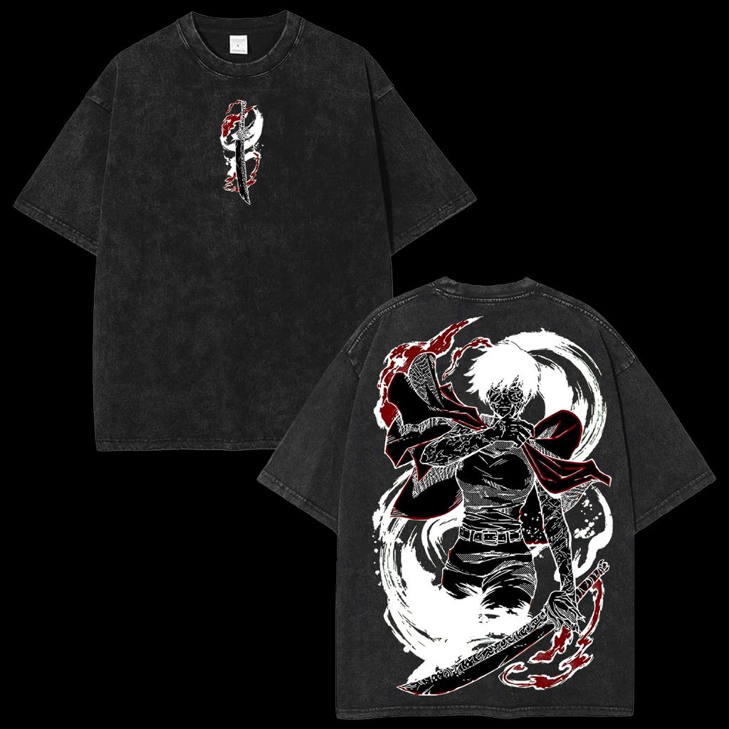 Jujutsu Kaisen Zenin Maki T-shirt, Vintage Washed Black Anime Samurai Sword Print Oversized Tee, Casual Streetwear Short Sleeve