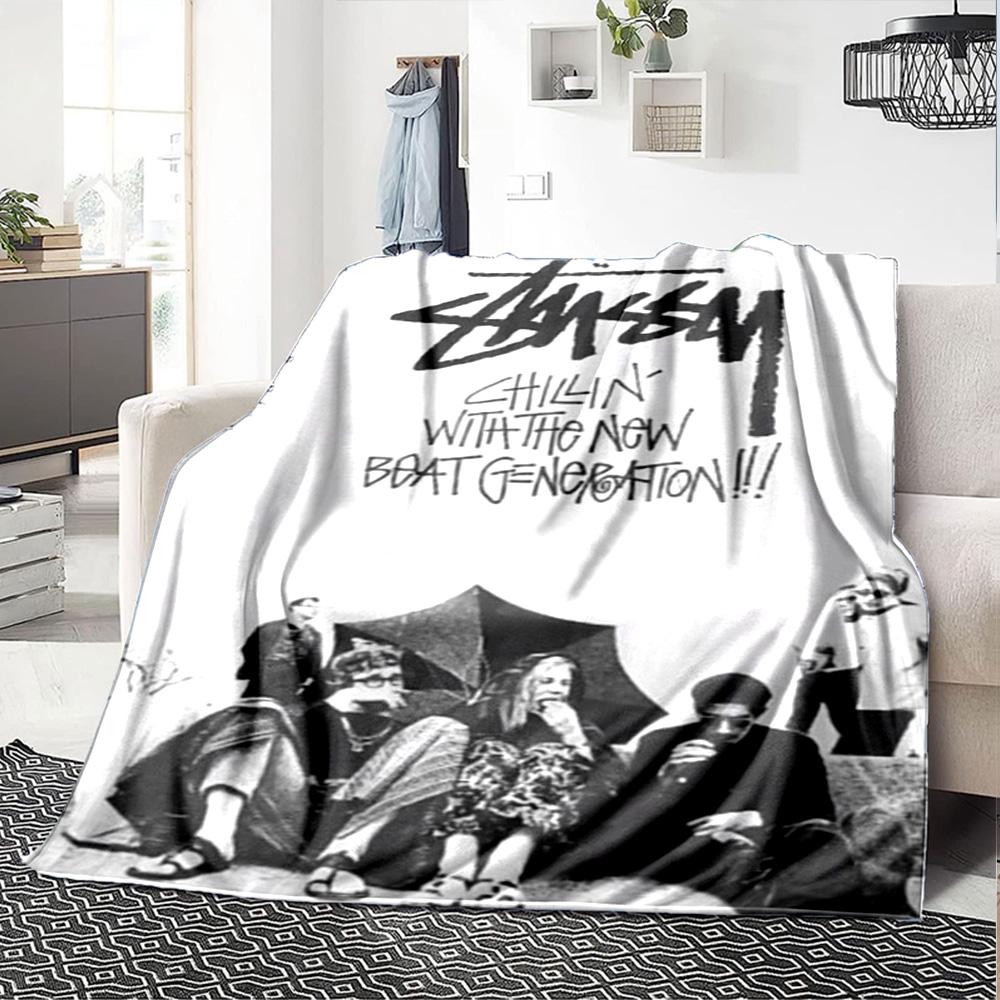 Bowler Hat Skull Signature Logo Flannel Blanket, Black White Skeleton Street Art Soft Throw Blanket