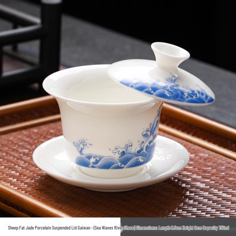 Sheep Fat Jade Porcelain Rotating Gaiwan High-End Ceramic Gongfu Tea Set