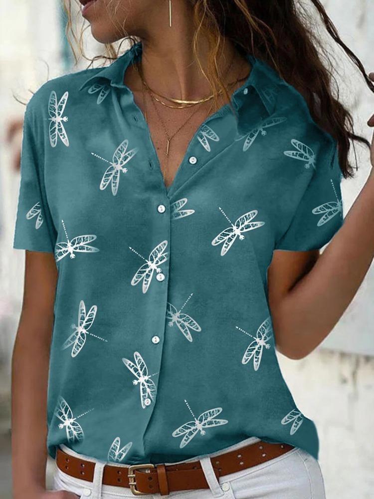 Women's Short Sleeve Summer Shirt with Dragonfly Flower Print