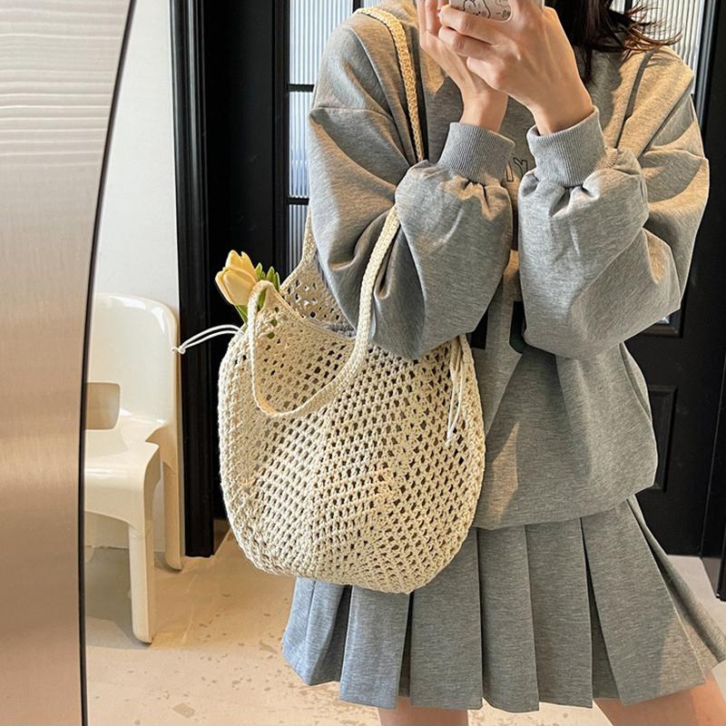 Yogodlns Summer Beach Woven Tote Bag For Women Hollow-out Lightweight Large Capacity Shopper Shoulder Bag with Inner