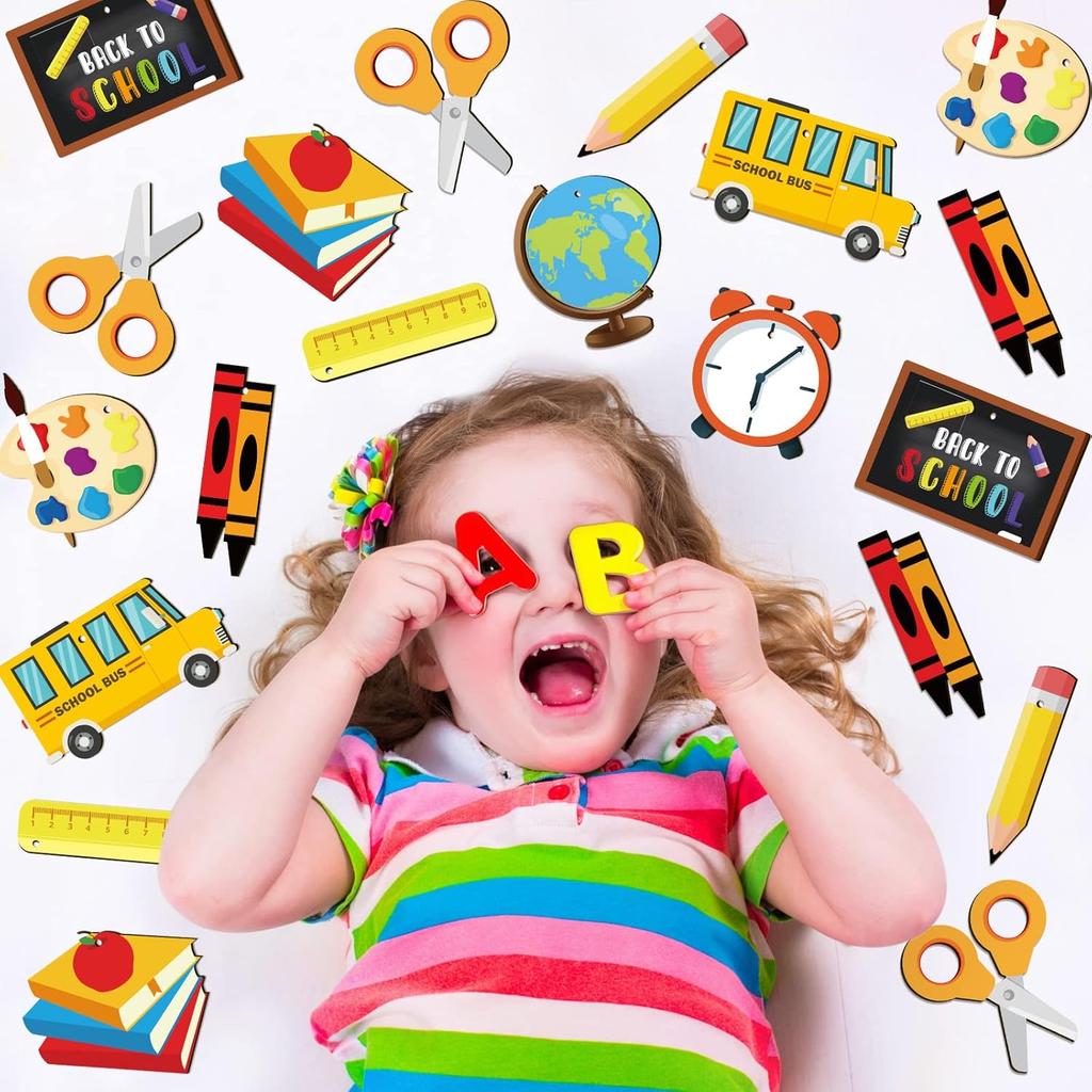Weysat 30 Pcs Back to School Hanging Decoration First Day of School Themed Wooden Ornament Teacher Appreciation Decor Cutouts Wood Ornament for Party