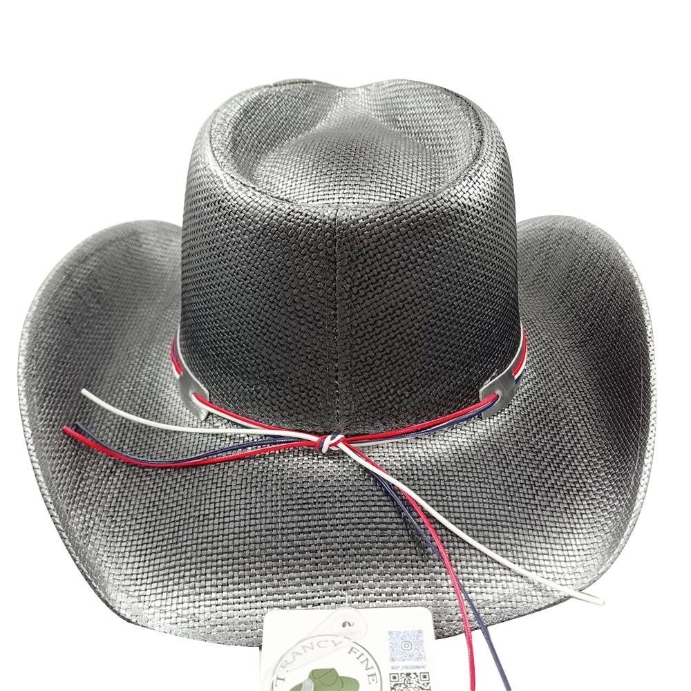 Western cowboy hat with belt paper straw breathable outdoor beach sun hat spray painted black cowboy hat
