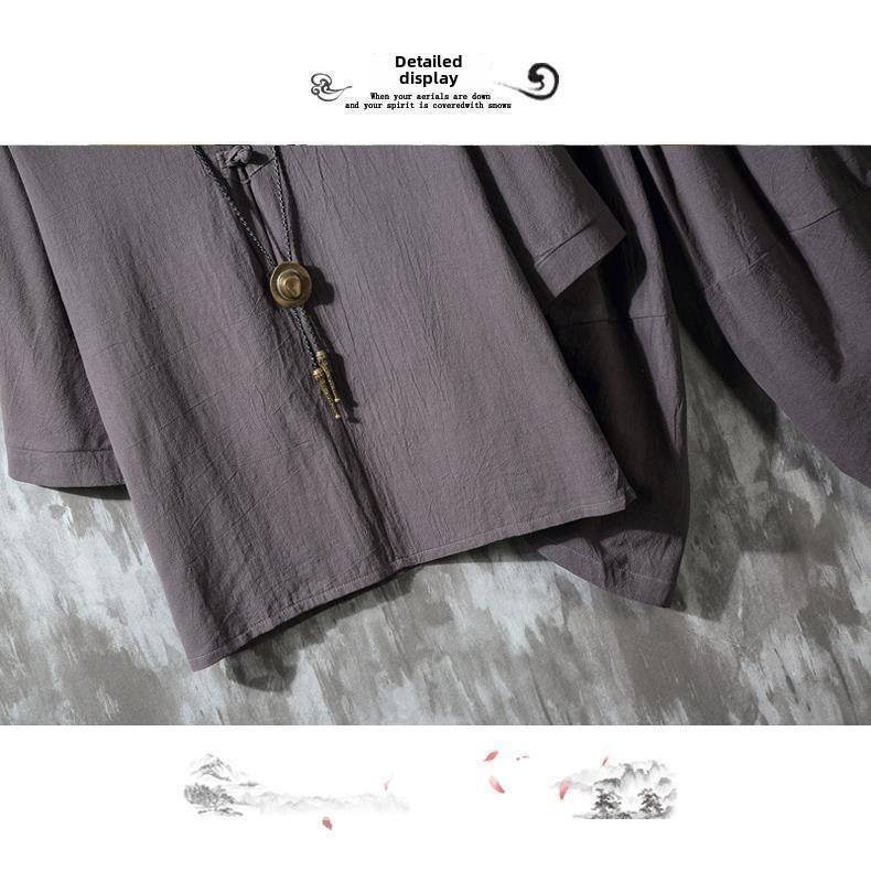 Men's Retro Chinese-Style Cotton & Linen Buttoned Three-Quarter Sleeve T-Shirt and Shorts Set