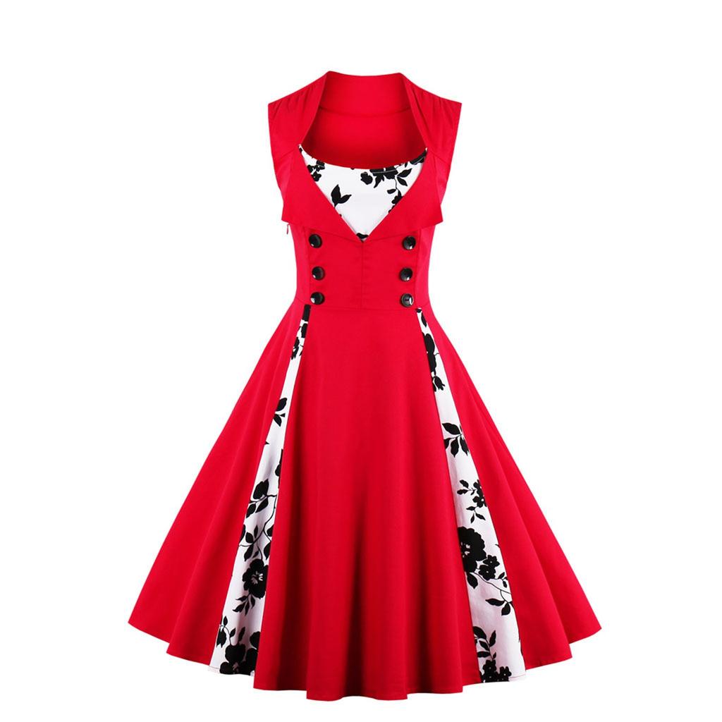 Women's Fashion Dress Vintage Slim Fit Sleeveless Floral Print Dress