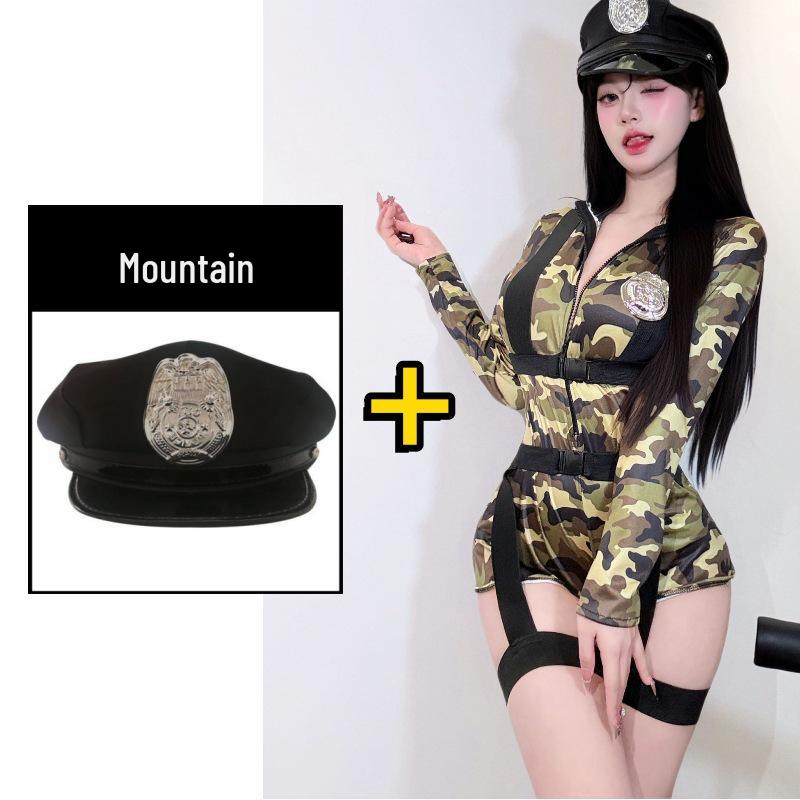Plus Size Sexy Police Uniform Cosplay Lingerie - Camouflage Strappy Jumpsuit