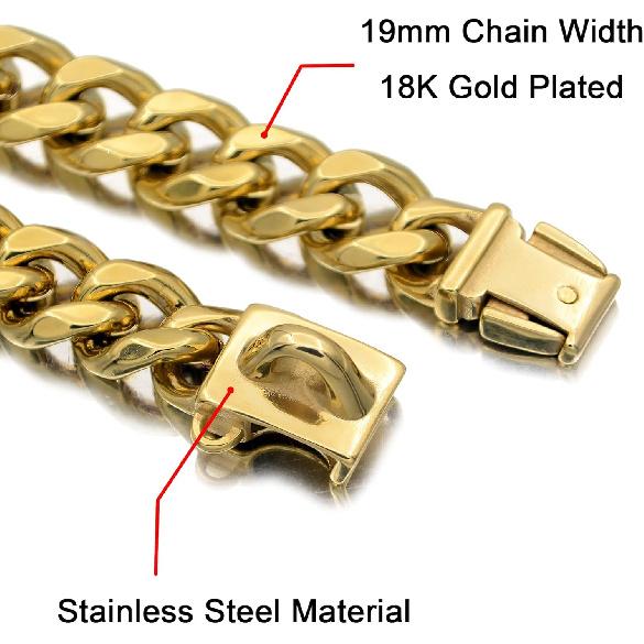 18K Gold Dog Chain Collar Walking Metal Chain Collar with Design Secure Buckle, Cuban Link Strong Heavy Duty Chew Proof for Dogs (18")