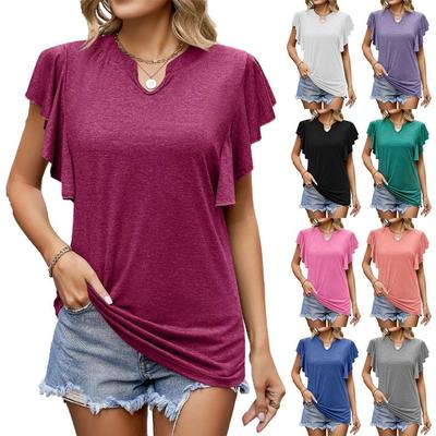 Summer Top for Women Falre Sleeve Loose Solid Color Tees U-neck Short Sleeve T-shirt