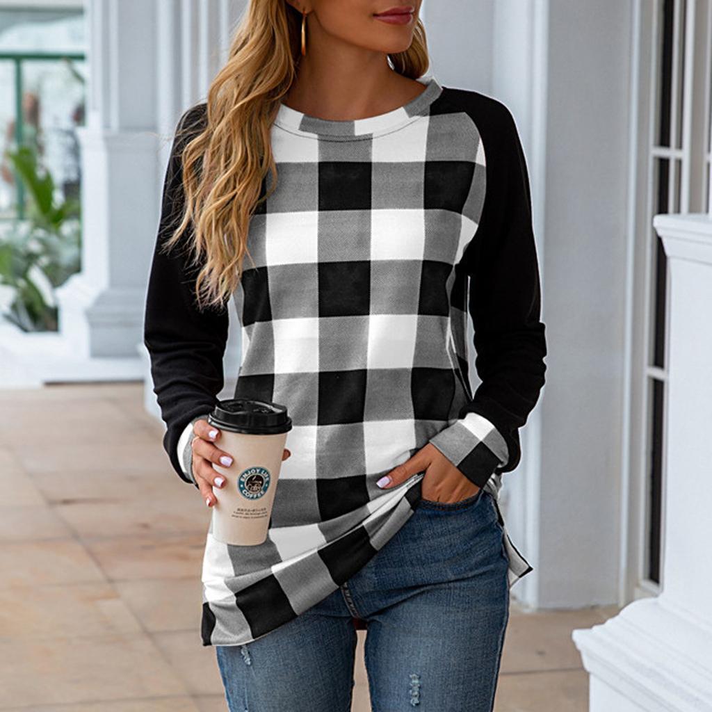 Women's Fashion Casual New Plaid Printed Round Neck Long Sleeve Jacket
