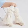Women Harajuku Ribbed Cuffs Plush Leg Warmers with Ties Bandage Furry Boot Covers Flared Leg Sleeves Footless Socks