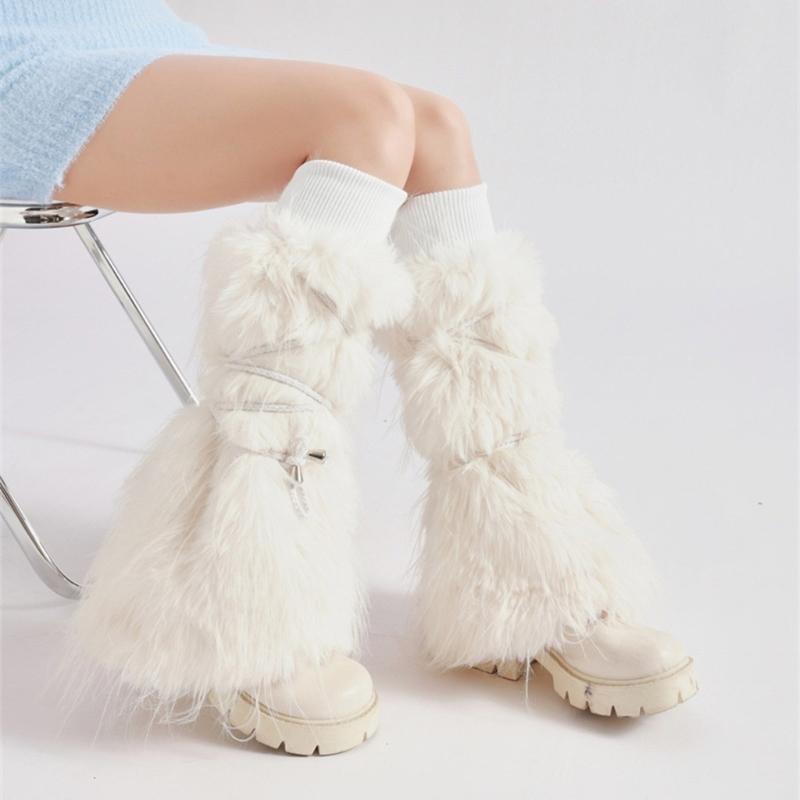 Women Harajuku Ribbed Cuffs Plush Leg Warmers with Ties Bandage Furry Boot Covers Flared Leg Sleeves Footless Socks