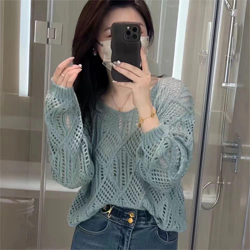 Summer diamond fresh and sweet blouse thin loose and versatile sexy perspective hollow knitted sweater women