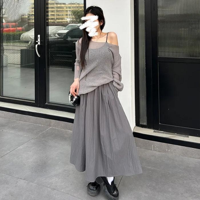 Women's Spring/Fall Loose-Fit High-Waisted Skirt: Slimming, Pleated, Solid Color, Elastic Waist, A-Line, Mid-Length