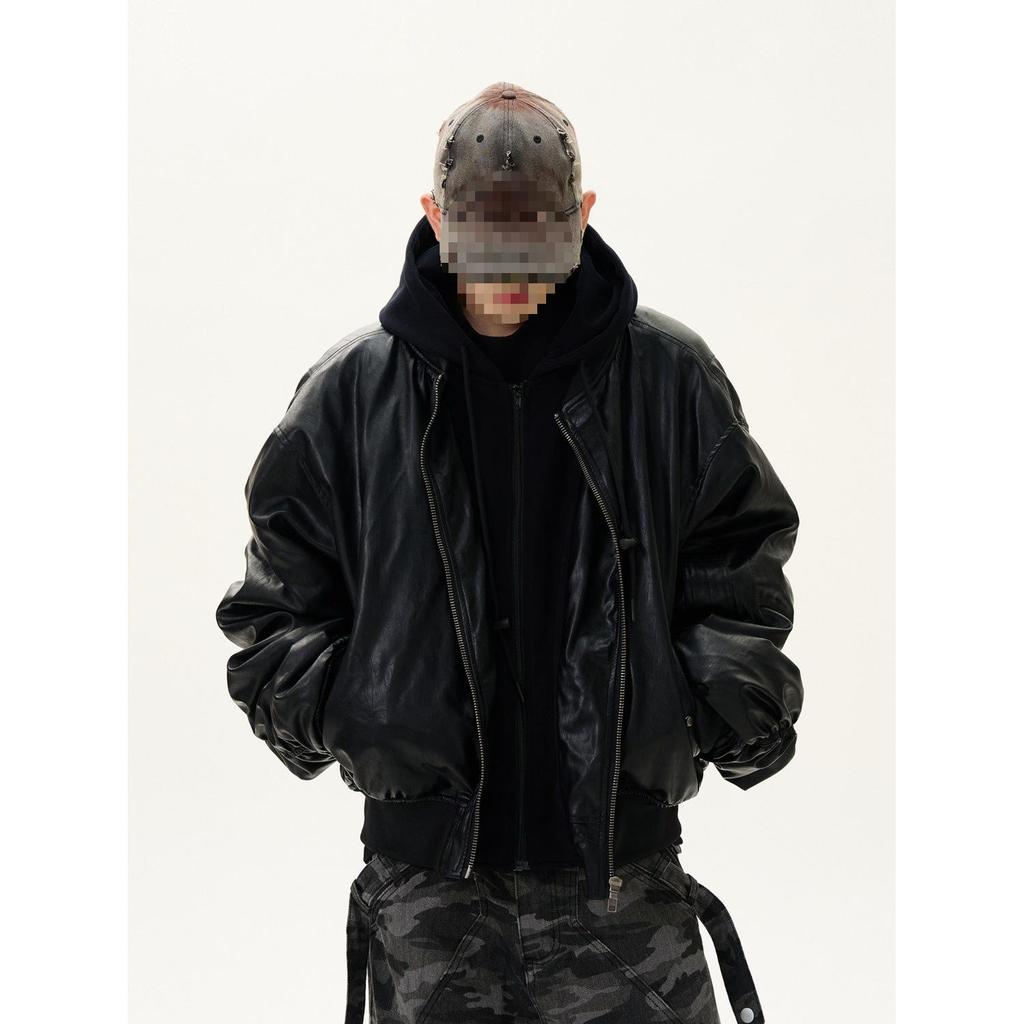 2025 Unisex Černá Bomberová Bunda s Kapucí ze Patchworkové PU Kůže