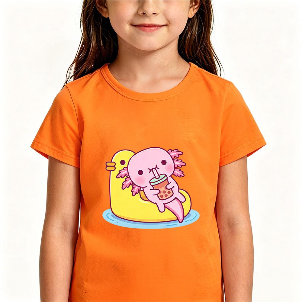 Cute Pink Axolotl Children's T-shirt Cartoon Print 100 %Cotton Tees Round Neck Boys Girls Short Sleeve Casual Kids Top Summer