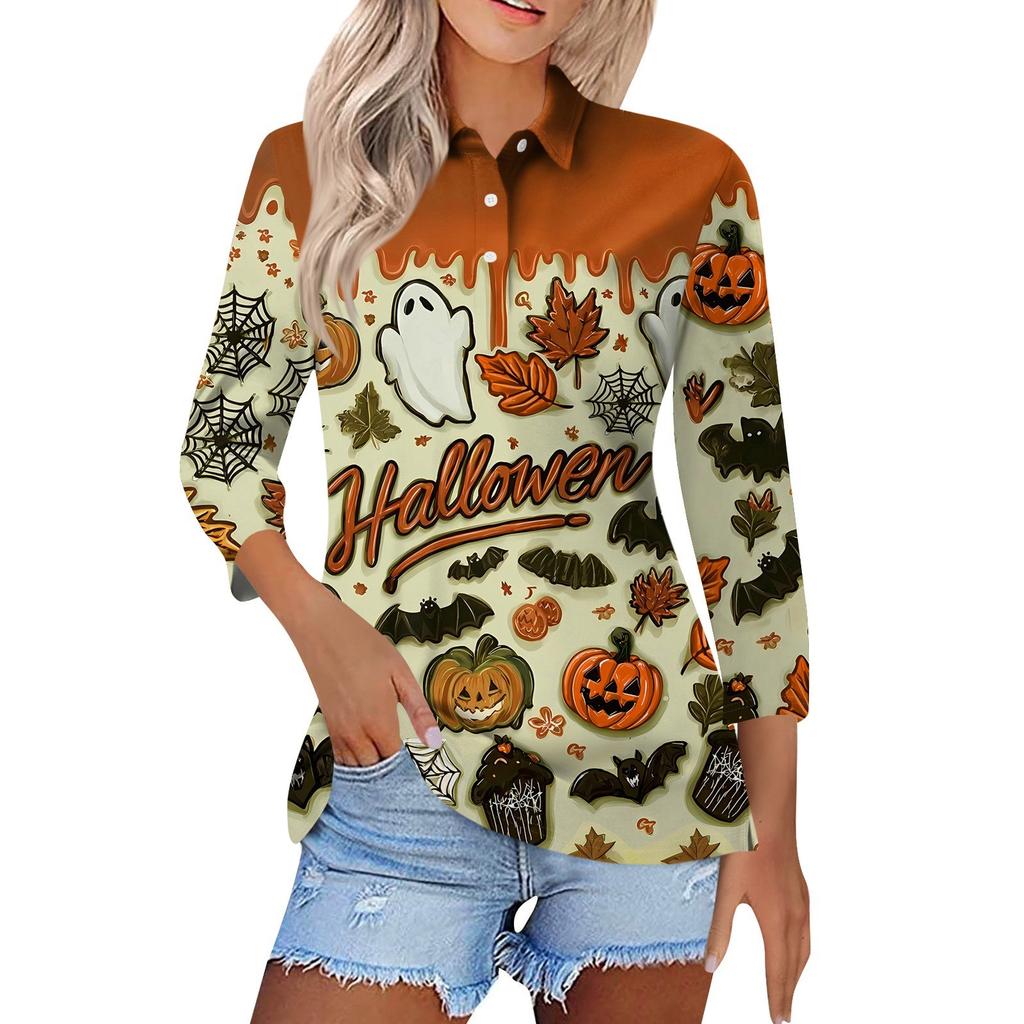 Dammode Casual Revers Kort 3/4 Ärm Halloween Tryck Skjorta Dambutton Up Toppar