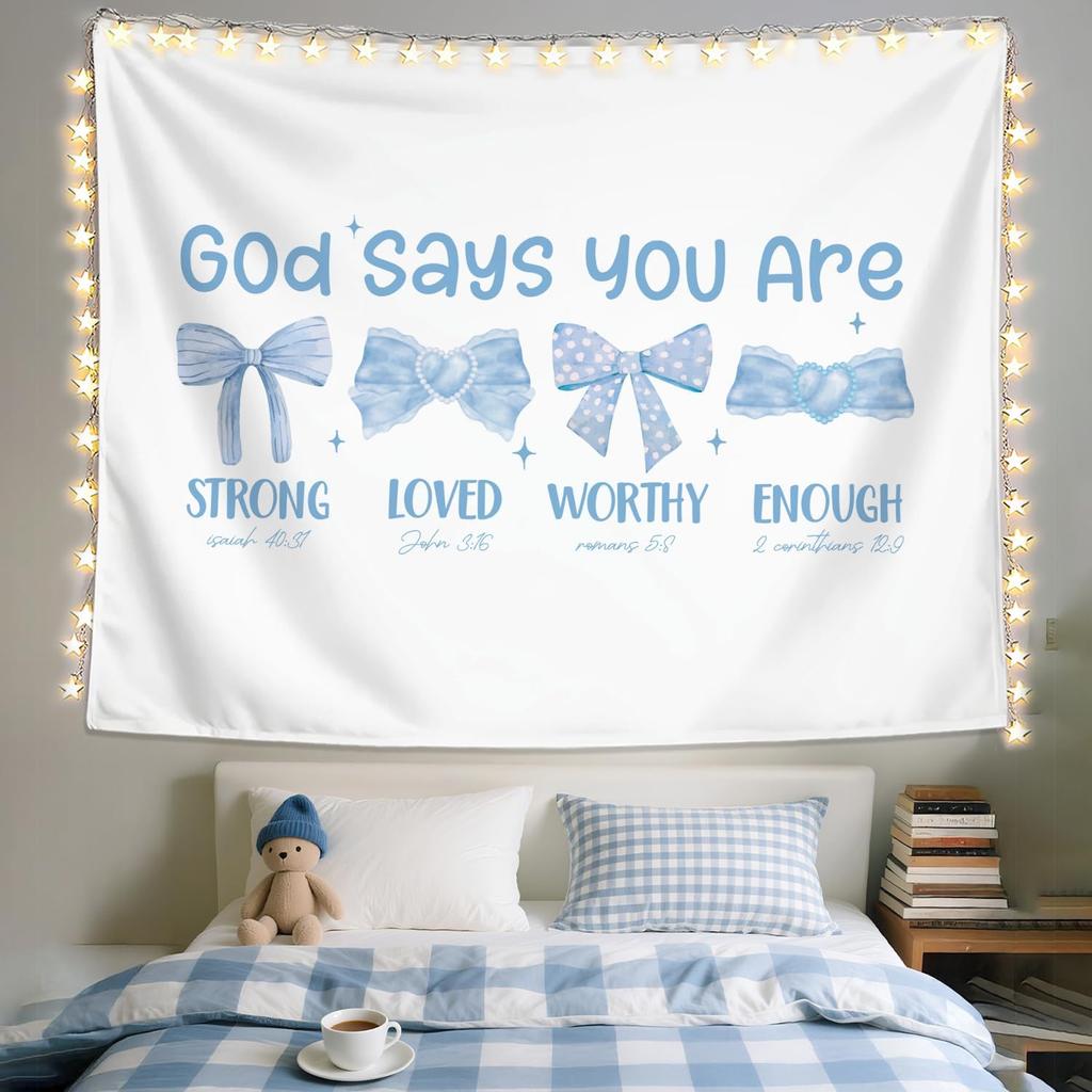 Inspirational Tapestry Wall Hanging God Says You Are Strong Faith Decor Christian Boho Aesthetic Nursery Bedroom Room Art