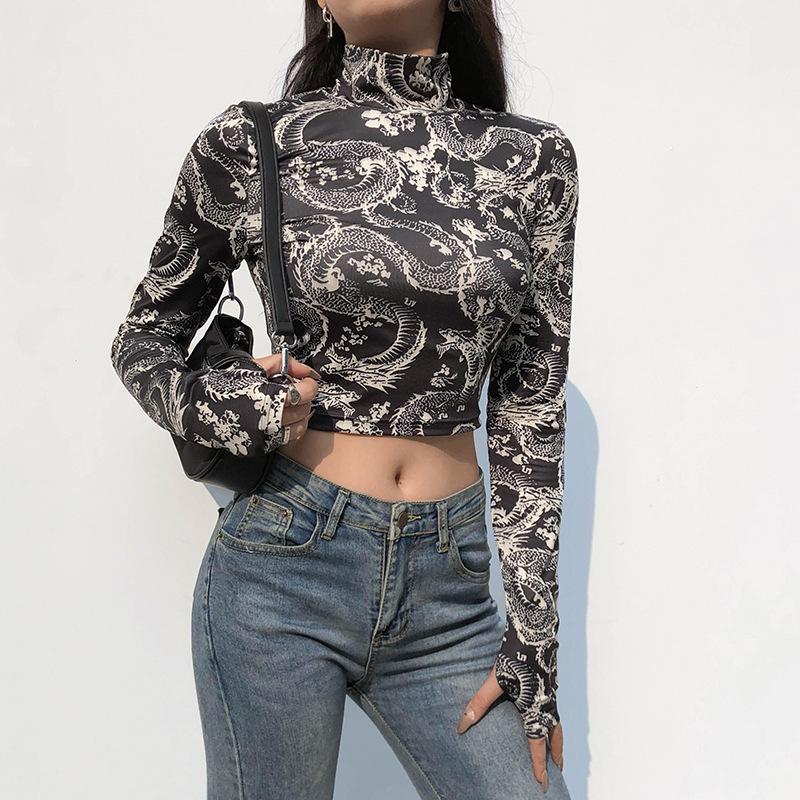Trend Stylish Womens Dragon Fashion Printed Crop Tops Long Sleeve High Collar Slim Tshirt Skinny Tees For Spring Autumn