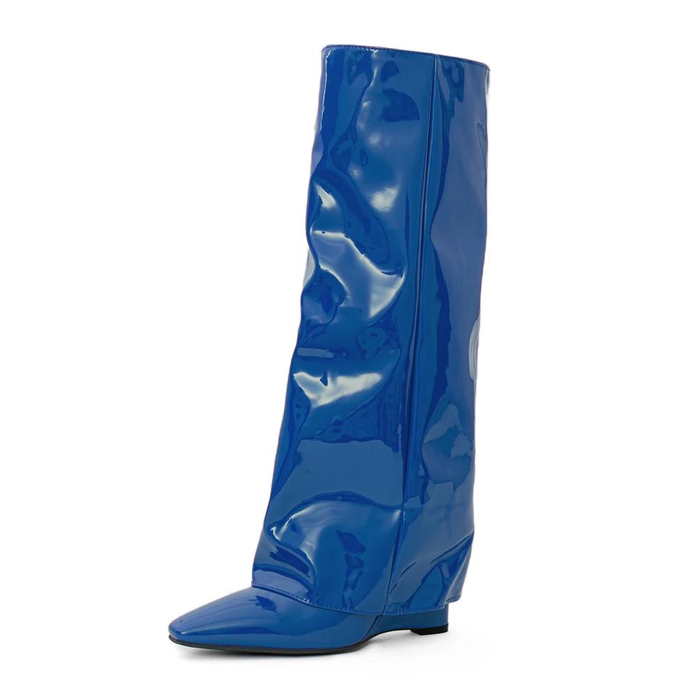 

Fashion Pointed Toe High Heels Women Knee High Boots Brand Designer Soft Patent Leather Side Zip Wedges Winter Fashion 2025 34 синий