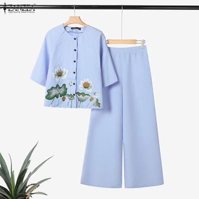 Women Half Sleeve Print Blouse and Pants Summer Two Piece Suit Sets