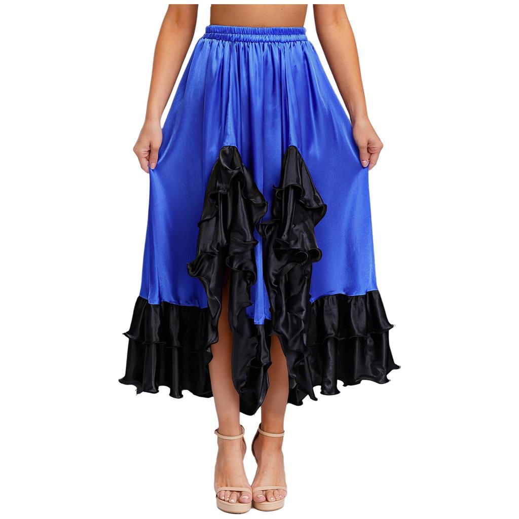Ladies Spanish Dance Skirt Flamenco Style Ruffled Trim Irregular Hem Satin Elastic Waist Big Swing Skirt