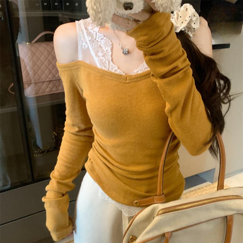 Jersey de Punto Casual de Encaje con Cuello en V para Mujer Otoño e Invierno Nuevo Jersey de Punto Ajustado para Mujer Tops Elegantes Sólidos Vintage Jerséis de Señora 25865