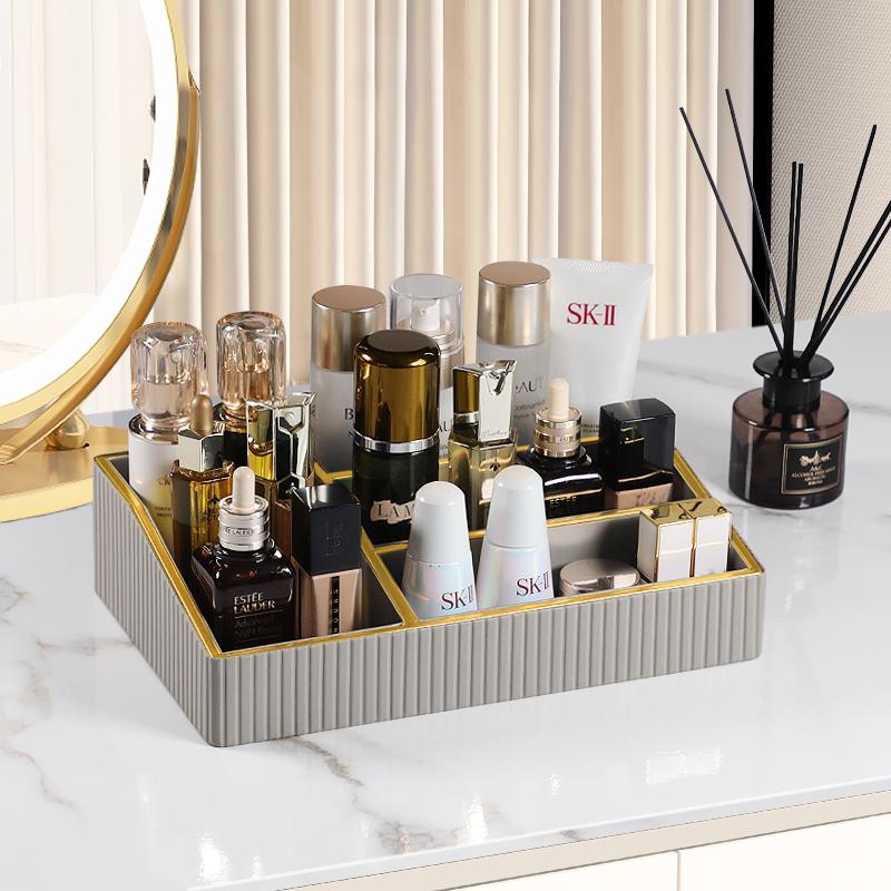 Makeup Storage Basket Bins with Dividers for Women Cosmetics Display Case Leather Skincare Multifunctional Desktop Organizers
