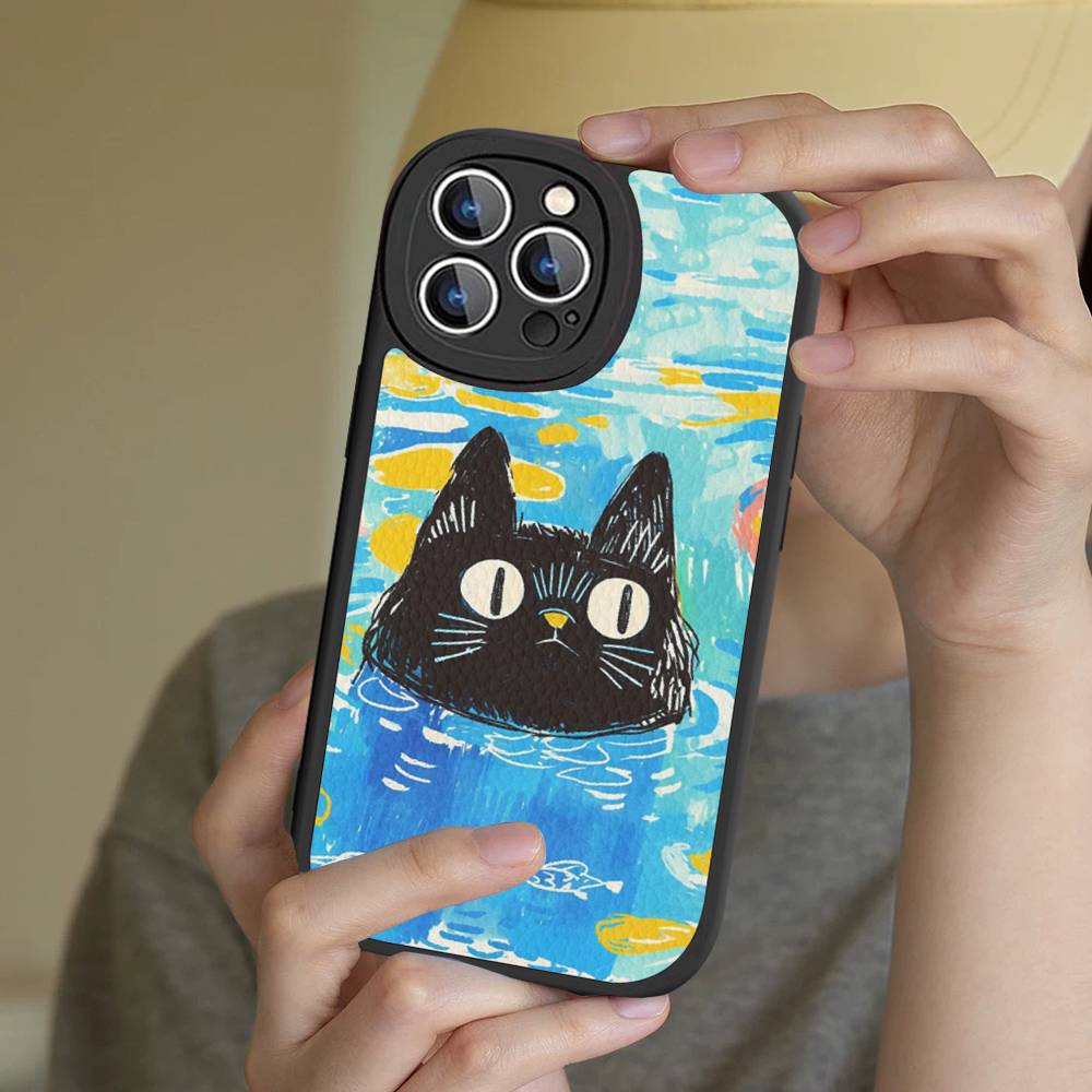 A Cute Comic Cat Phone Case For IPhone 16 15 14 13 12 11 Pro Max Plus Leather Cover
