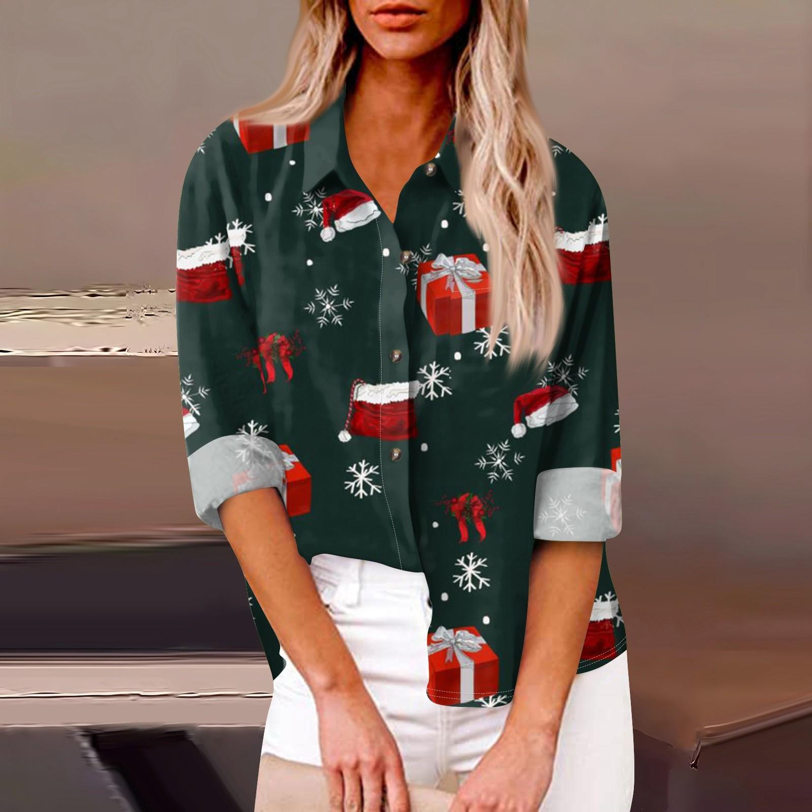 

Женская свободная повседневная рубашка с длинными рукавами и рождественским принтом, кардиган с принтом и карманами XL