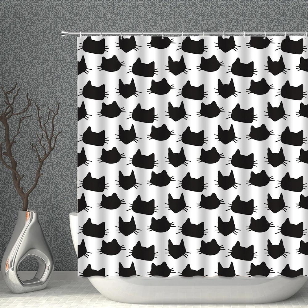 Cartoon Cat White Shower Curtain Waterproof Pattern Print Polyester Bath Curtains Multi-Size With Hooks Bathroom Screen Decor