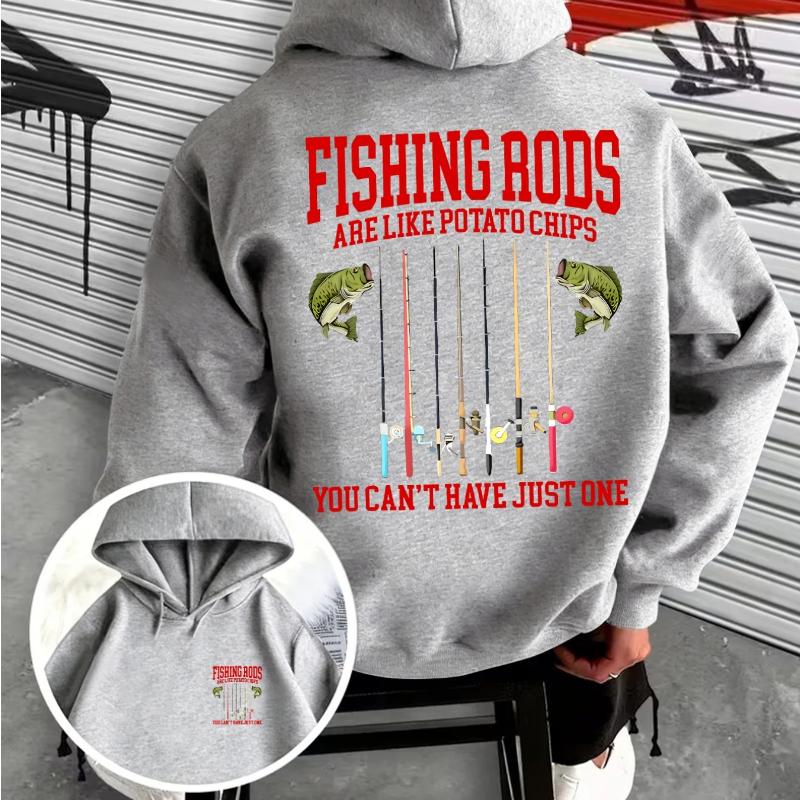 Humorous Fisherman Quote Mens Hooded Sweatshirt Bass and Multiple Fishing‑Rod Print Casual Outdoor Street‑Wear Hoodie