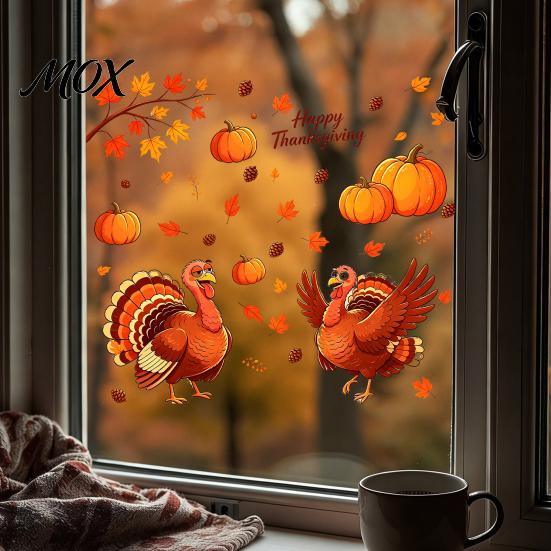 Removable Glass Art Decals Thanksgiving Static Window Clings, Cartoon Double Turkey Pumpkin Maple Leaf No?Glue Autumn Decals, Waterproof Stickers