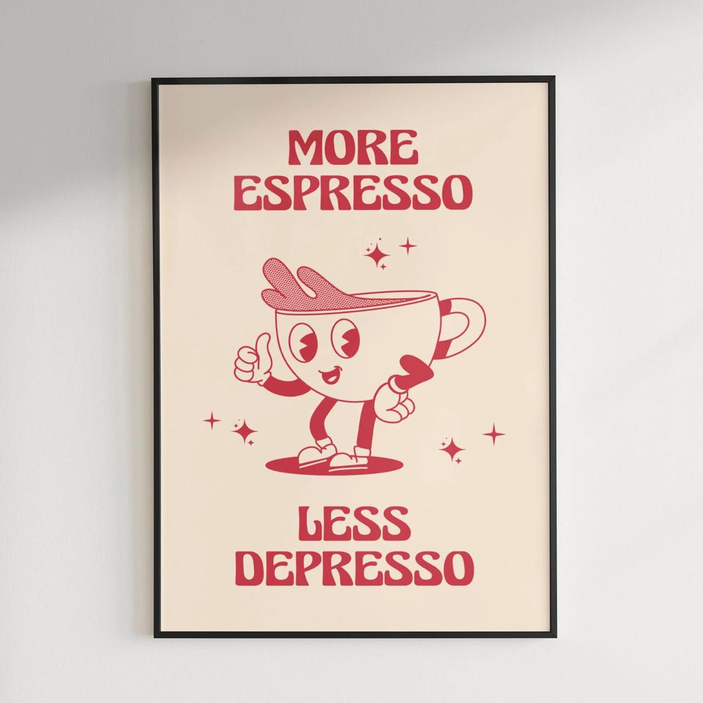 Tired and Wired Retro Coffee Canvas Print Funny Mascot Kitchen Wall Art Poster for Modern Living Room Bedroom Home Decor Gifts