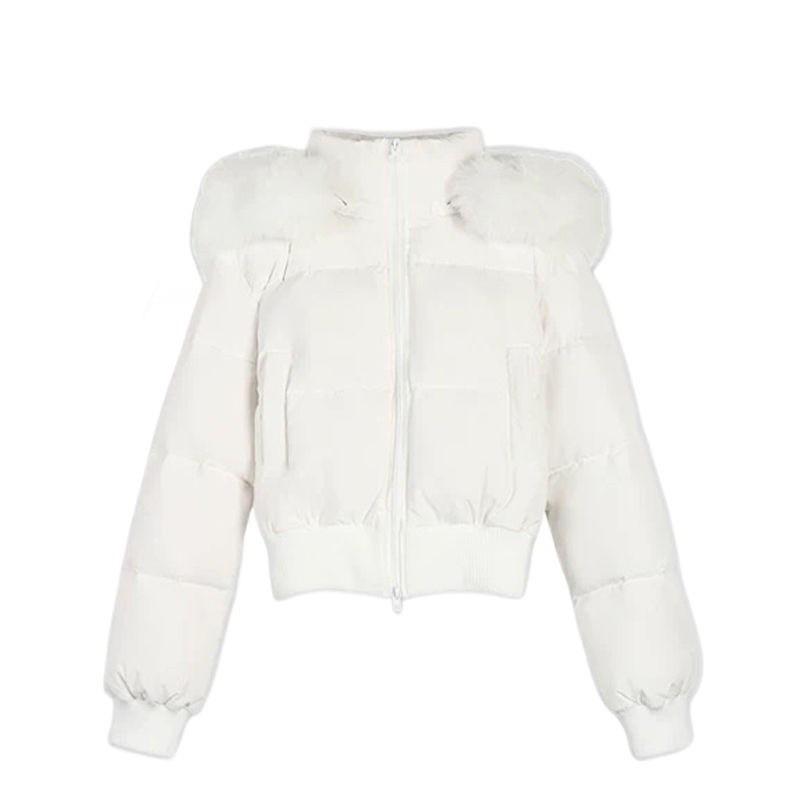 Damen Winter Pufferjacke Kurz Mit Kapuze Dicke Baumwolljacke Mit Kunstpelzkragen Marineblau Lockere Passform