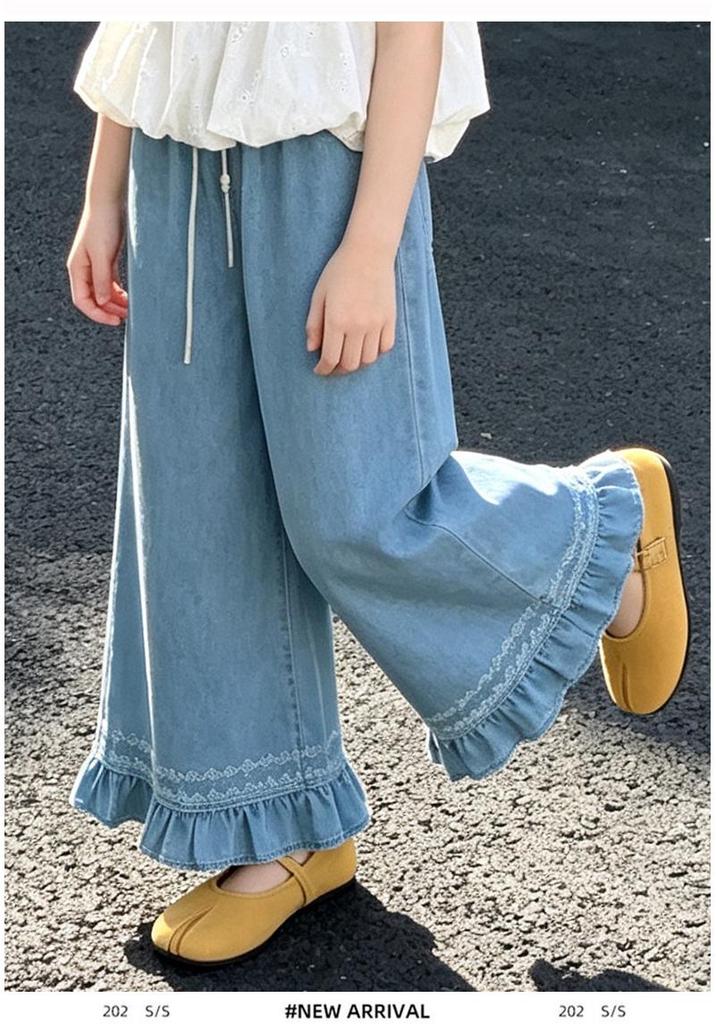 Girls' Wide Leg Tencel Jeans - Summer 2026 Korean Style Casual Cropped Pants for Junior High School Students