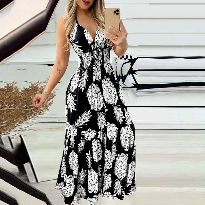 2025 Summer European & American Women's Printed Halter Strap High Waist Deep V Dress