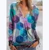 Womens V Neck Zipper Blouse Shirt Ladies Print Pullover Casual Jumper Tops Boho